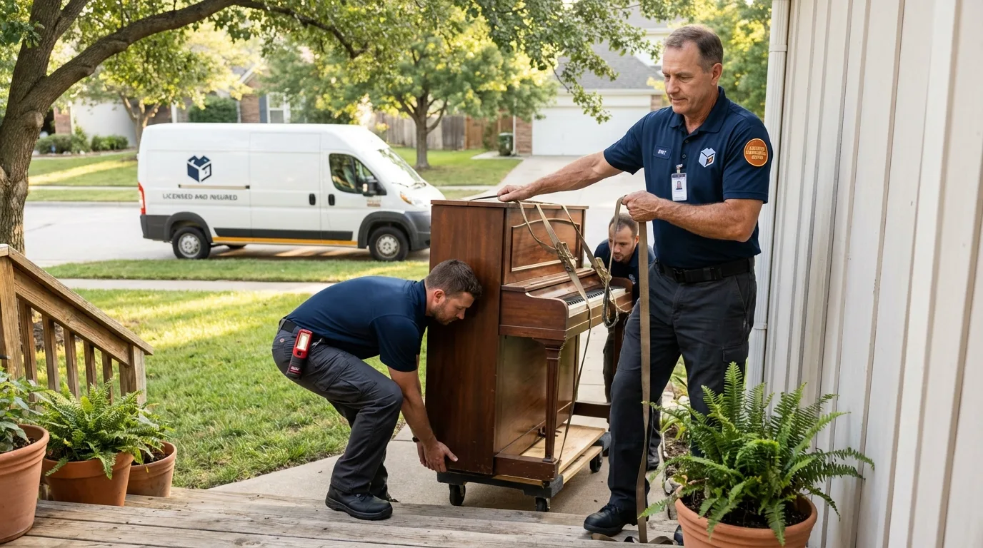 Licensed piano movers securing grand piano in Wright, WY