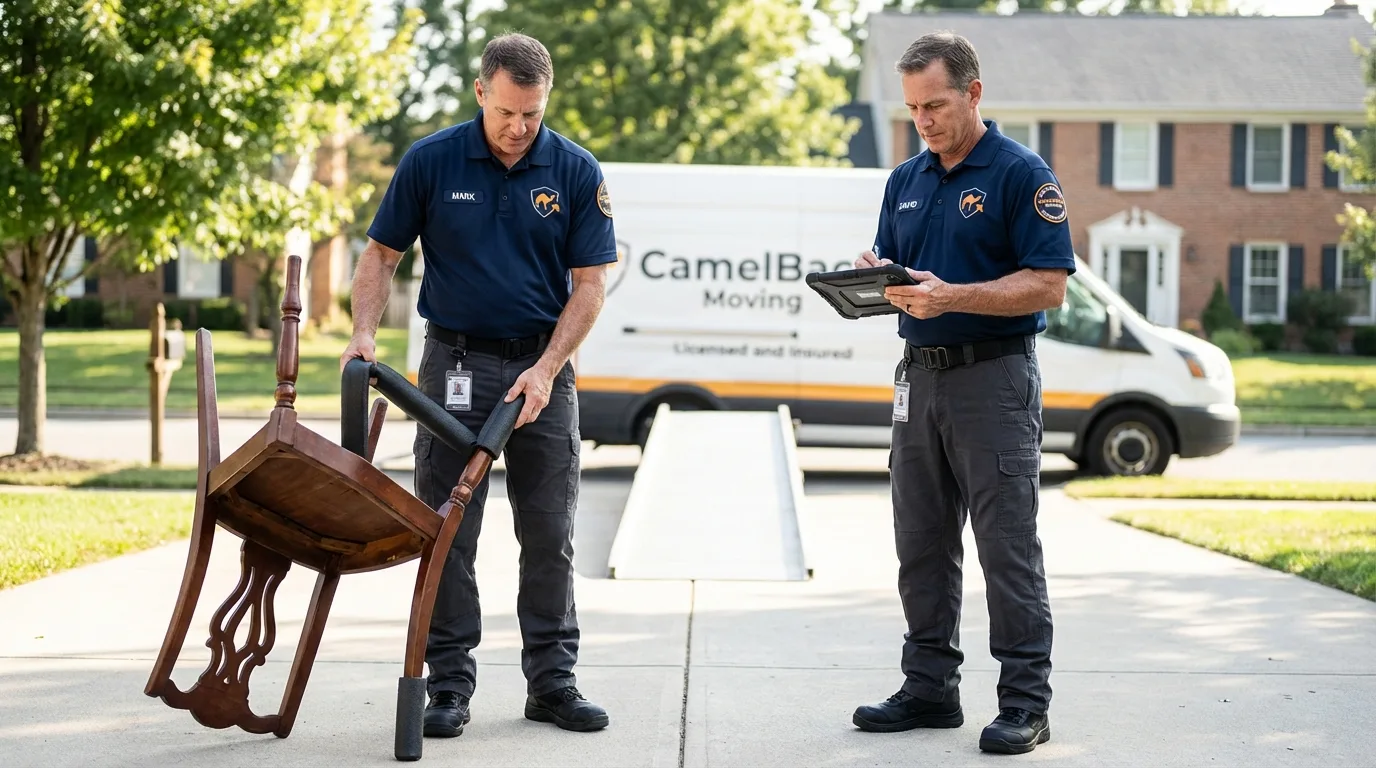 Movers inspecting furniture for damage prevention before loading in Wright, WY