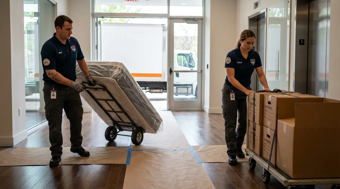 Professional apartment movers loading elevator in Wright, WY