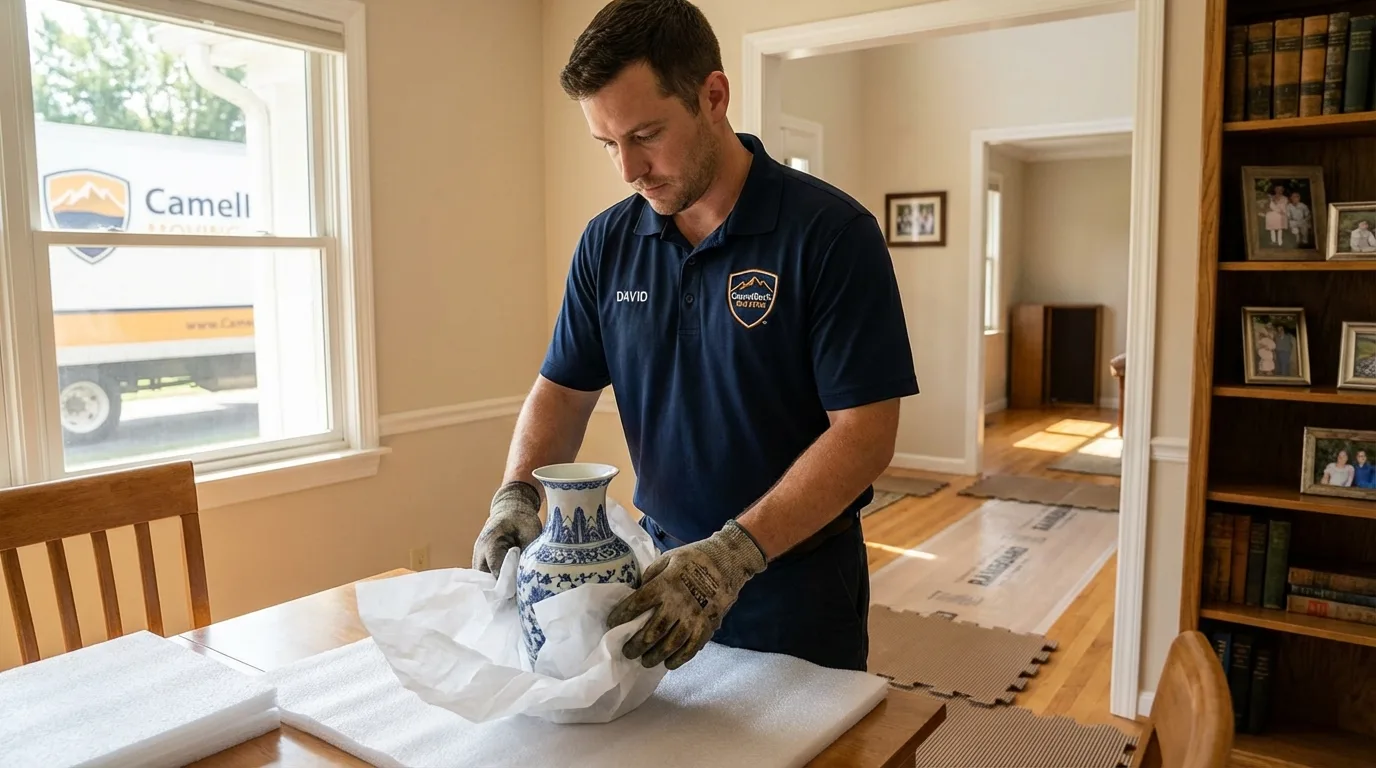 Professional crew carefully wrapping antique vase for senior downsizing move in Wright, WY